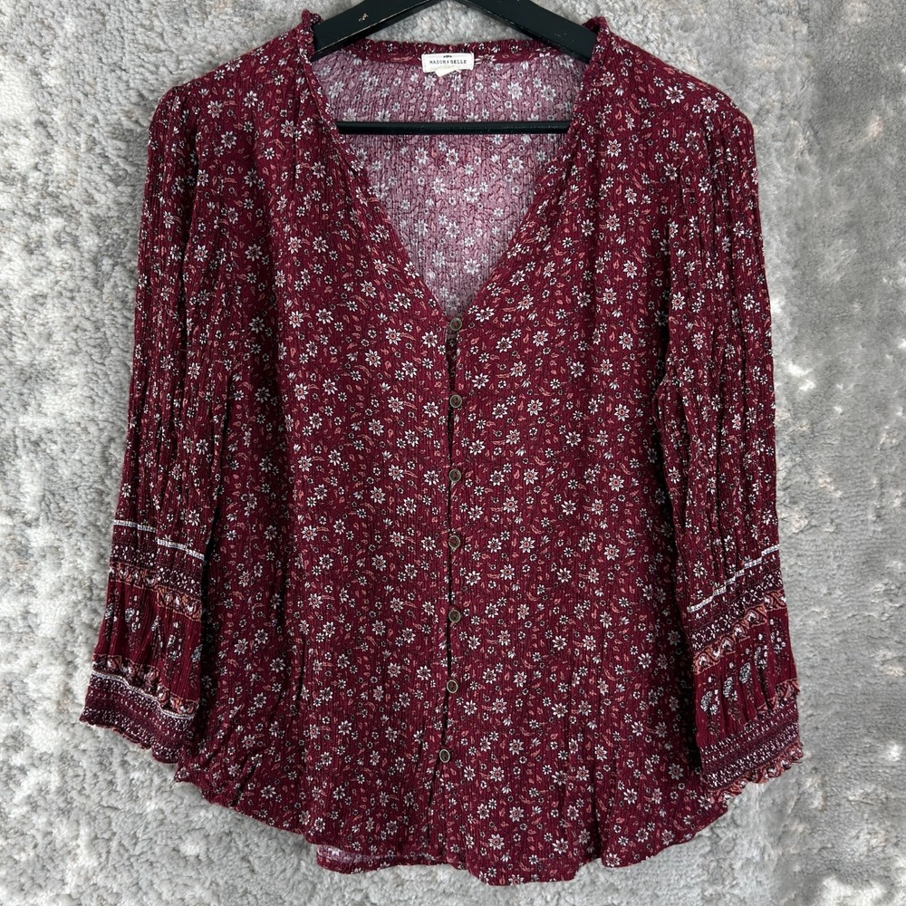 Mason and Belle Sz L Floral Print Casual Button V Neck Top Burgundy Long Sleeve